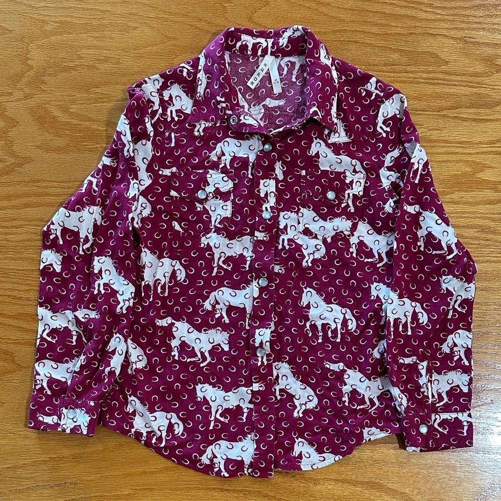 Roper Kids Maroon Horse Print Pearl Snap Shirt